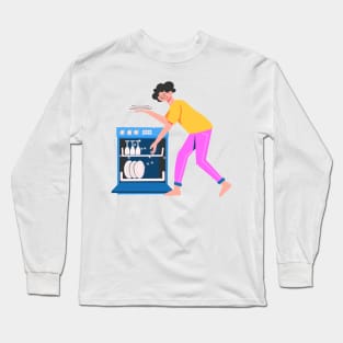 Hand Drawn "Woman On Dishwashing" Long Sleeve T-Shirt